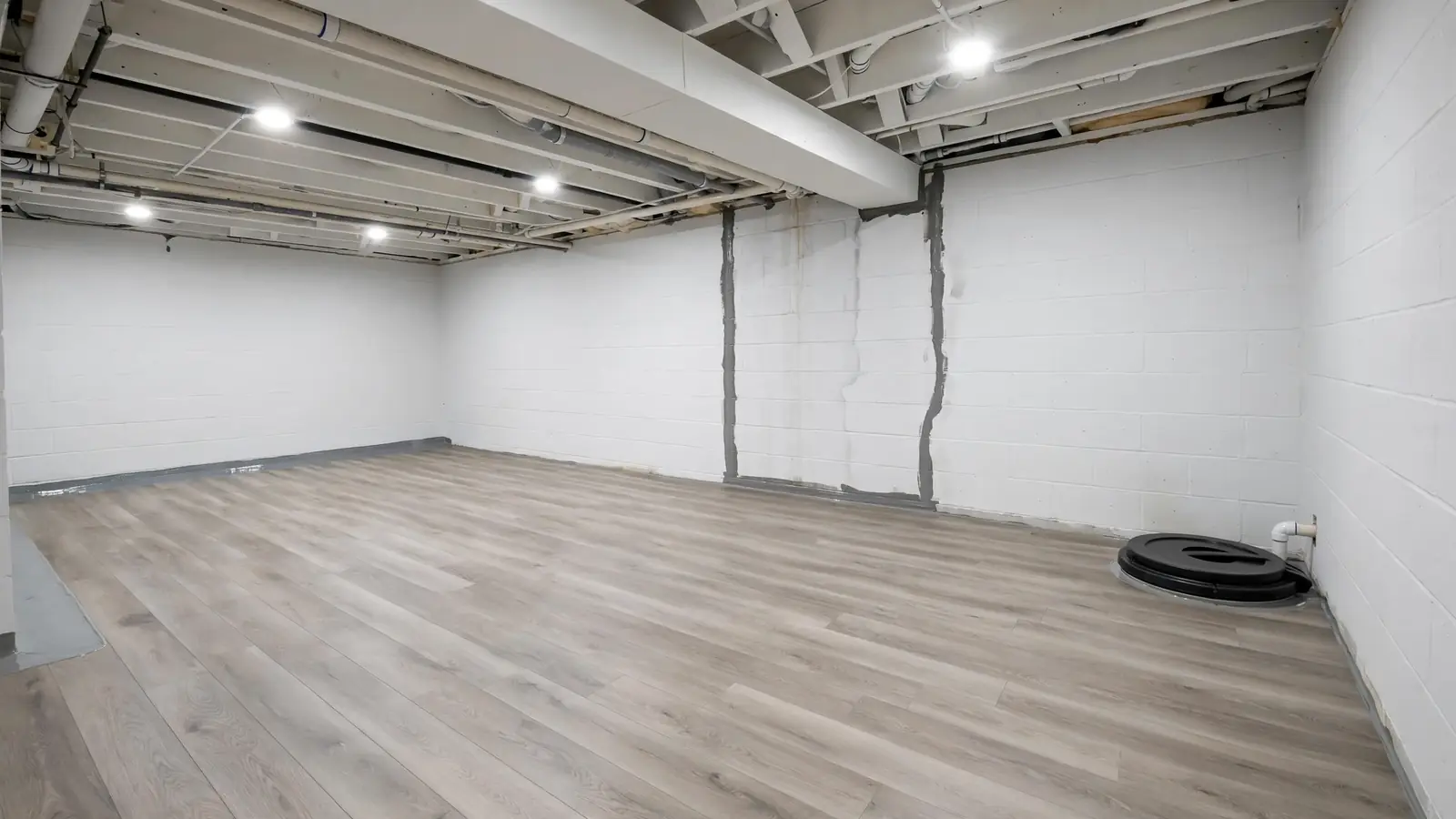 Waterproofed Knoxville basement with new flooring, sealed walls, and sump pump